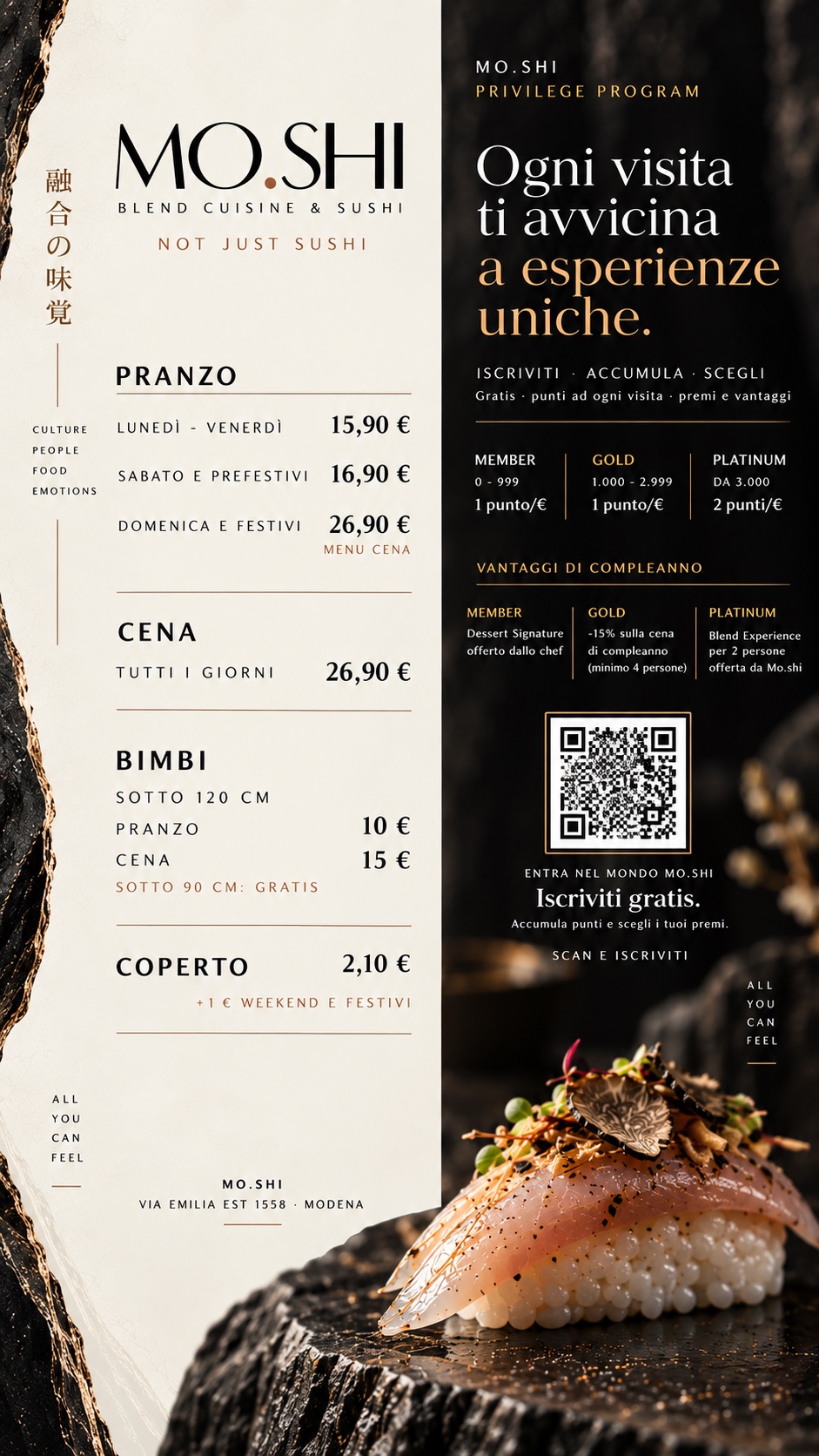 Menu MO.SHI con i prezzi della formula All You Can Eat: pranzo da €15,90, cena €26,90, menu bambini e coperto, con il programma fedeltà Privilege
