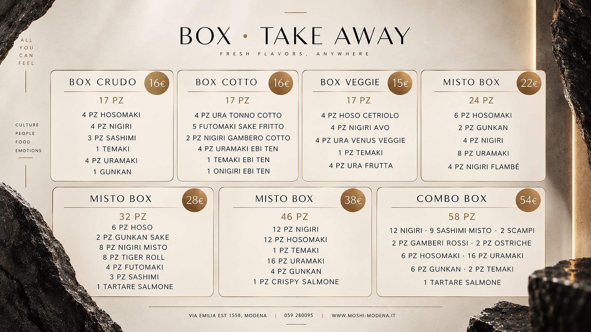 Menu Box Take Away MO.SHI: box crudo, cotto, veggie, misto e combo box d'asporto da 15€ a 54€